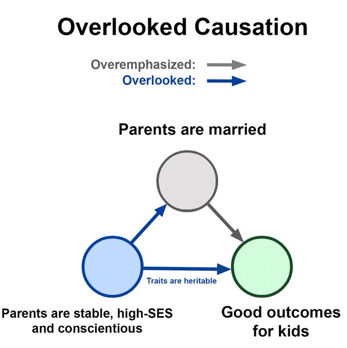 Children raised in single parent households have worse outcomes.

But the outcomes aren't nearly as bad when the cause is parental death, rather than out of wedlock birth.

This indicates single parenthood alone may not be the cause.