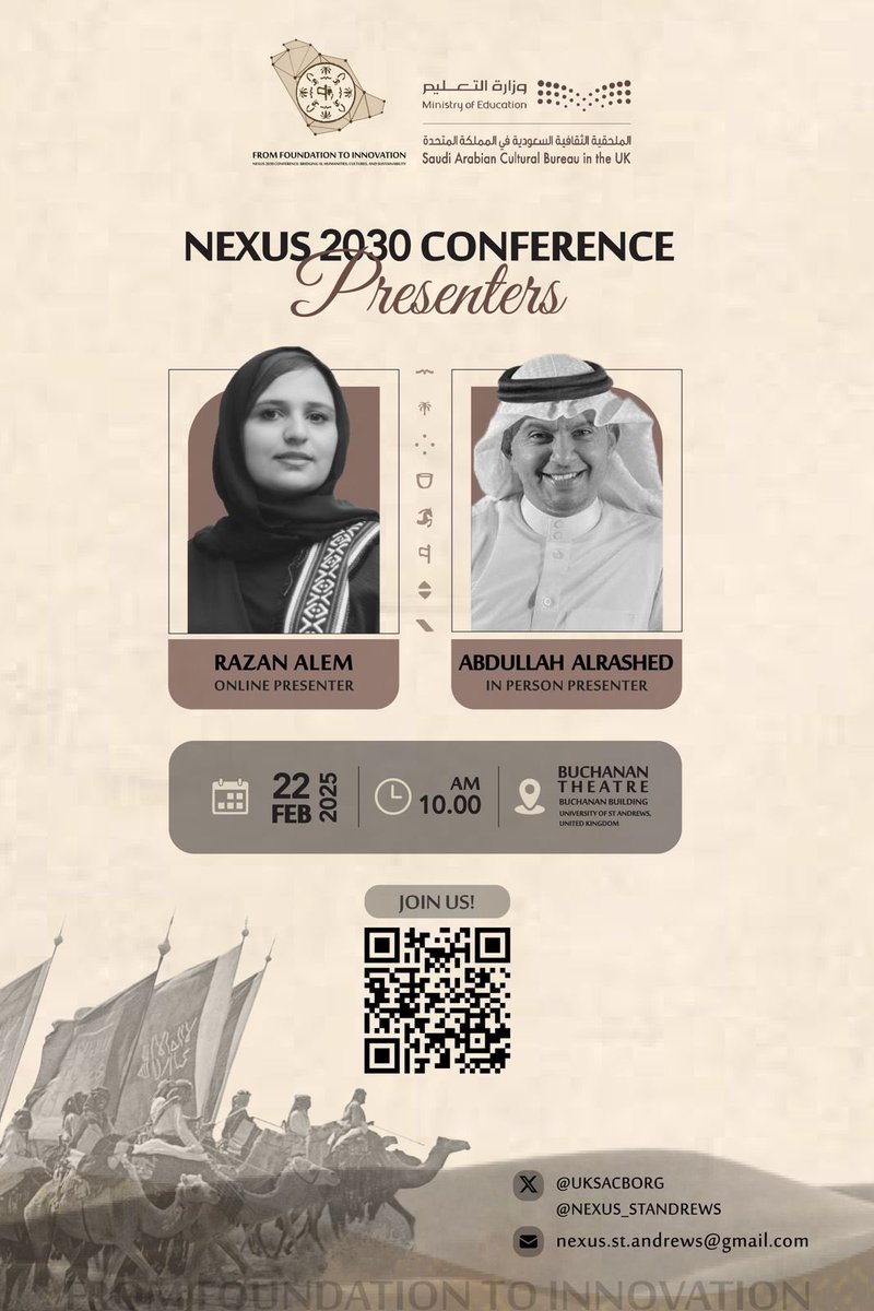 Join us soon at #NEXUS2030 

Our presenters:
• Razan Alem 
• Abdullah Alrashed 

📍 Buchanan Theatre
📅 Feb 22, 10 AM

Register now - scan the QR code!