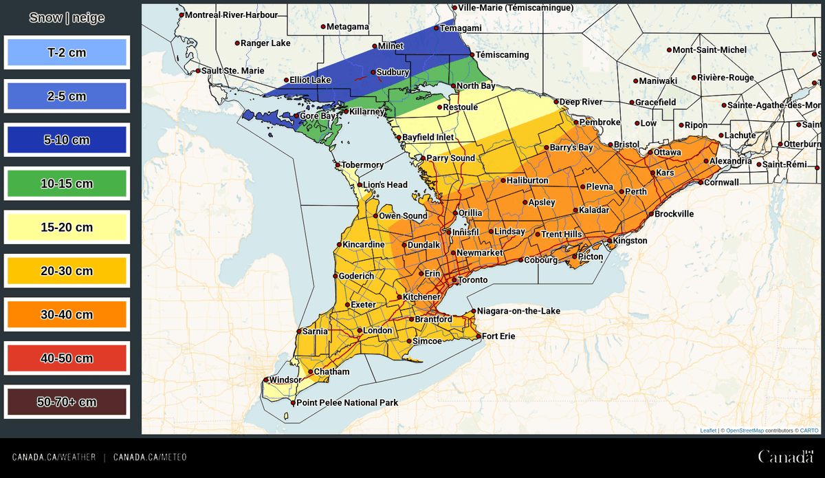 ‼️Expected snowfall totals for today ➕ Sunday ❄️

20 to 40 cm of snow for the majority of southern Ontario.
Heaviest snow will fall through the day on Sunday.
Freezing rain risk for Niagara tomorrow.
Gusty 50 to 60 km/h winds will produce local blowing snow.

#ONwx #ONstorm