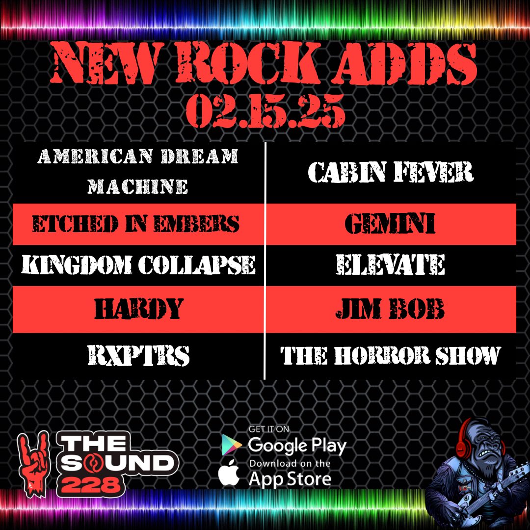 The Sound (@thesound228) on Twitter photo New Rock Adds!
<a href="/ADM_x_/">American Dream Machine</a> - โCabin Feverโ
<a href="/EmbersEtched/">Etched In Embers</a> - โGeminiโ
<a href="/kingdomcollapse/">Kingdom Collapse</a> - โElevateโ
<a href="/HardyMusic/">HARDY</a> - โJim Bobโ
<a href="/RXPTRS/">๐๐๐๐๐๐</a> - โThe Horror Showโ (Nobody Puts Nepo Baby in the Corner)
Download the app or listen on the web, linktr.ee/TheSound228 New Rock Adds!
<a href="/ADM_x_/">American Dream Machine</a> - โCabin Feverโ
<a href="/EmbersEtched/">Etched In Embers</a> - โGeminiโ
<a href="/kingdomcollapse/">Kingdom Collapse</a> - โElevateโ
<a href="/HardyMusic/">HARDY</a> - โJim Bobโ
<a href="/RXPTRS/">๐๐๐๐๐๐</a> - โThe Horror Showโ (Nobody Puts Nepo Baby in the Corner)
Download the app or listen on the web, linktr.ee/TheSound228