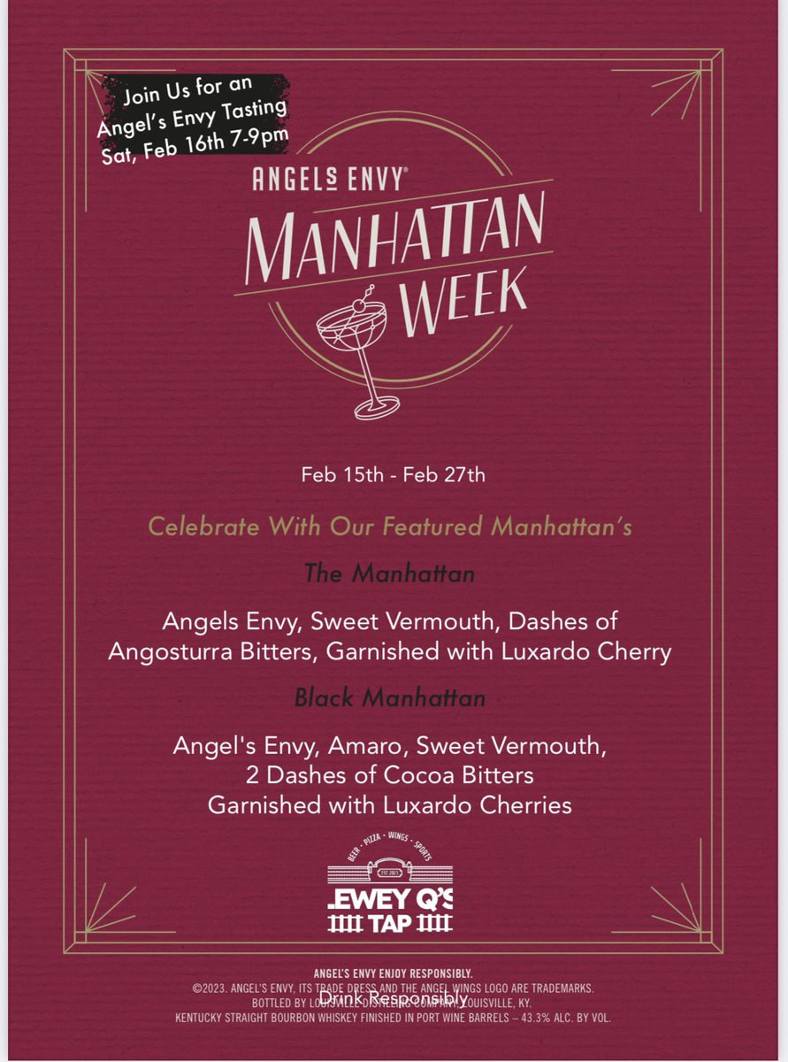 LeweyQsTap's tweet photo. #ManhattanWeek starts tonight with a tasting from #AngelsEnvy beginning at 7 pm tonight!!
#LeweyQs #GlenEllyn https://t.co/uFVFQAFEkb