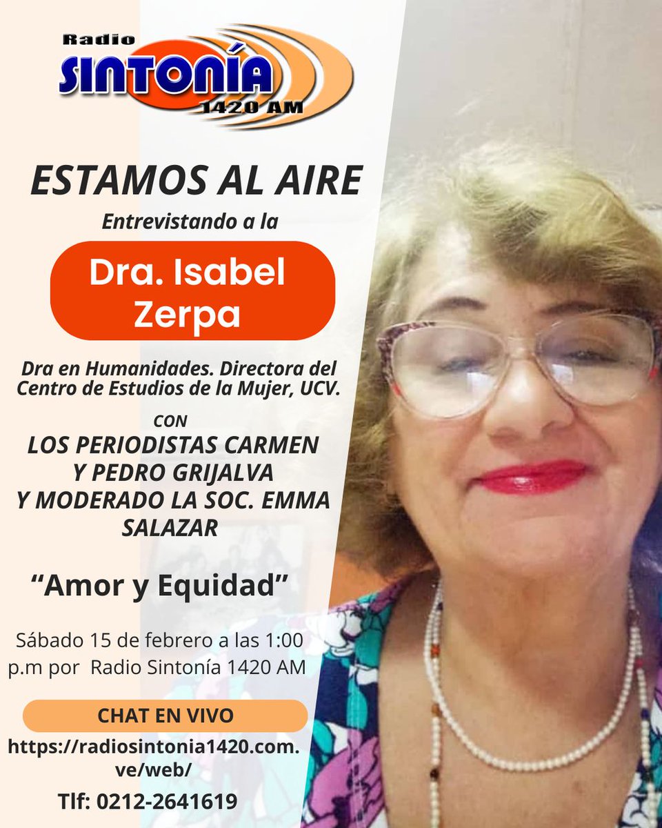 ecorina2's tweet image. En vivo... La Dra Isabel Zerpa @isabelza4 de @CEMUCV en #EstamosalAire conversando sobre Amor y Equidad, cuentos y estudios a favor de las relaciones sanas entre mujeres y hombres por @Sintonia1420am