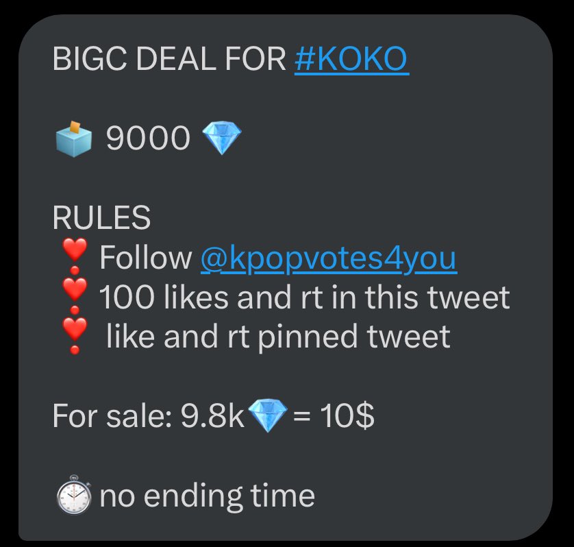 BIGC DEAL FOR #KOKO

🗳️ 9000 💎 

RULES
❣️Follow <a href="/kpopvotes4you/">Selling votes for Kpop apps✨️</a> 
❣️100 likes and rt in this tweet
❣️like and rt pinned tweet

⏱️no ending time

#코코 #ココ #izna #이즈나 #KOKO