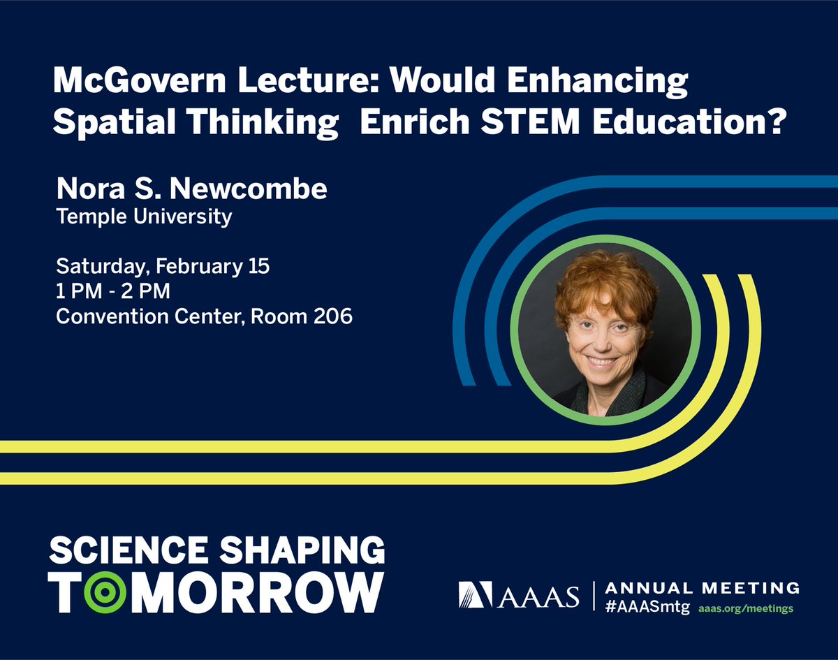 AAASmeetings's tweet image. Happening now: Join Nora Newcombe’s McGovern Lecture. Don’t miss the opportunity to learn about how spatial thinking is linked to STEM learning, cross-sectionally & longitudinally!
Feb 15 | 1 - 2 PM📍 Room 312, Hynes Convention Center #AAASmtg
bit.ly/4gvGupa