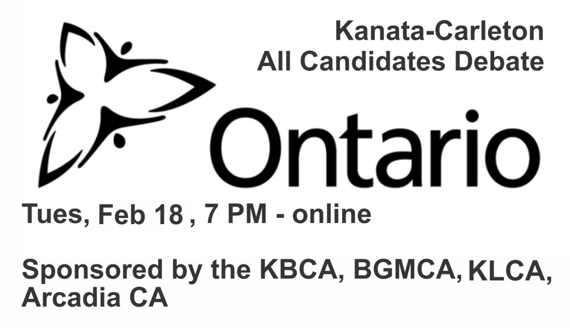 Tune in! 💻 

Ontario Riding of #KanataCarleton All-Candidates Debate 

📍 Virtual 💻 
🗓️ Tuesday, February 18, 2025 
⏰ 7:00PM

Watch the Debate Online: LiveStream on Kanata Beaverbrook Community Association YouTube Channel

🔗 youtube.com/@kanatabeaverb…
