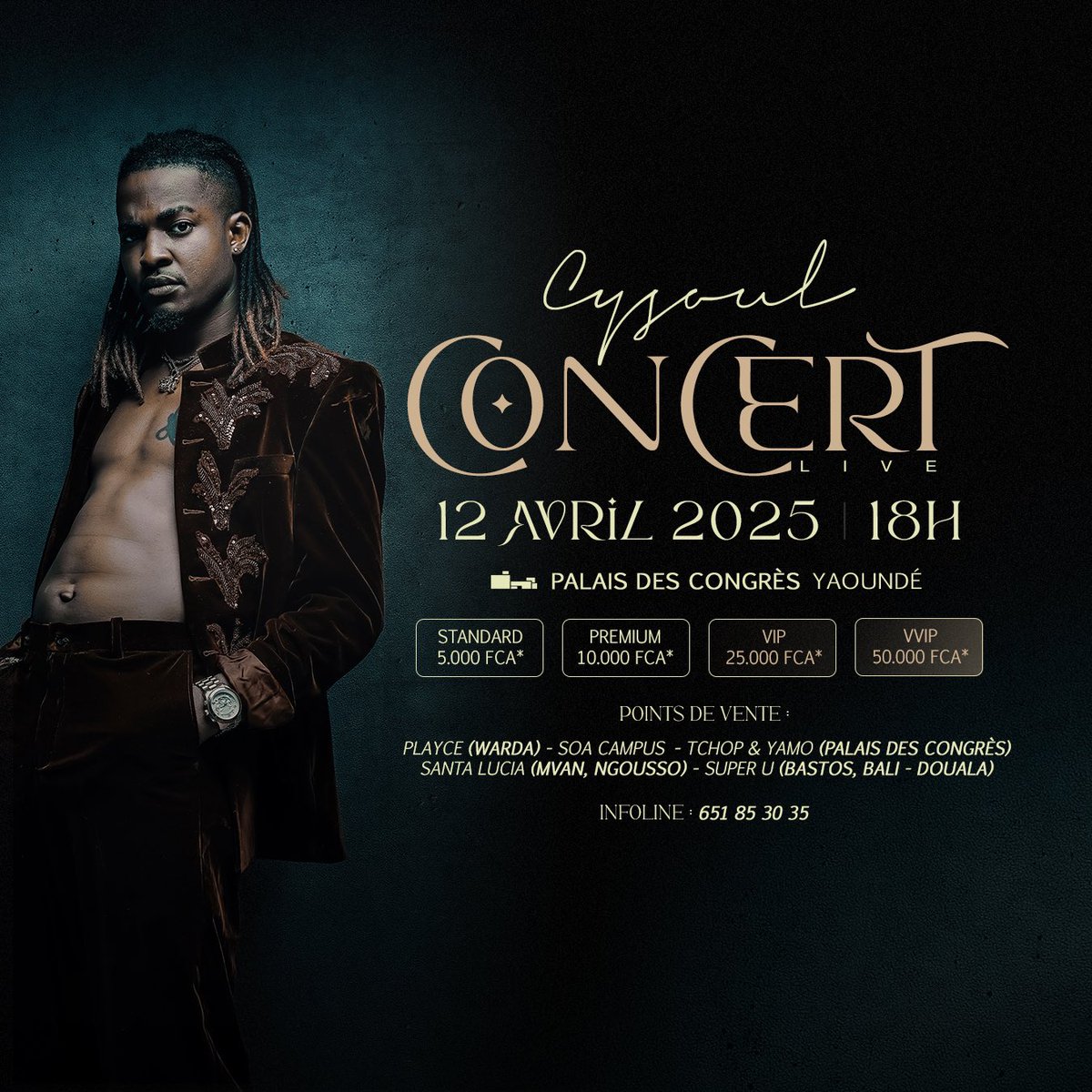 Je peux enfin vous le dire... Rendez-vous le 12 Avril au Palais Des Congrès de Yaoundé pour mon premier concert live grand public à la maison. 

3 EPs, 2 Albums, NOS CHANSONS, NOTRE CONCERT ! 

Billeterie ouverte dès ce Lundi, à tous les points de vente.