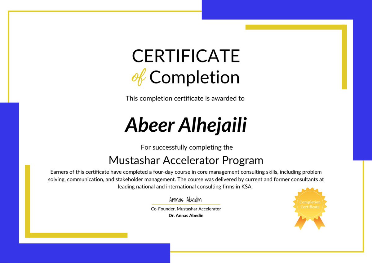 AlhejailiAbeer's tweet photo. Thrilled to share that I just completed the Mustashar Accelerator Program, which gave me great insights into key management consulting skills. Excited to apply these learnings in my career going forward!
#MustasharAccelerator https://t.co/qzRqVBiZOt