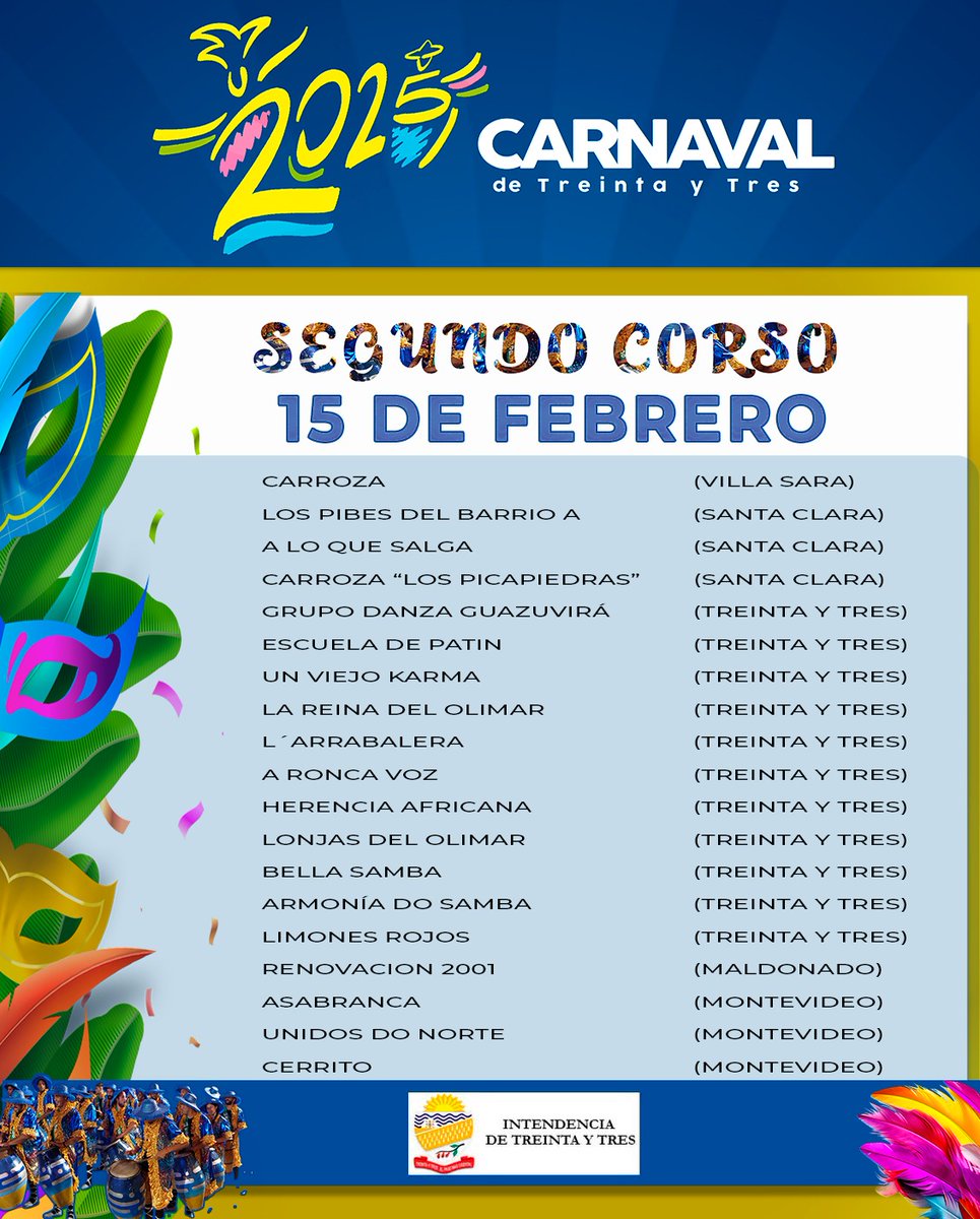 📋 Programación del segundo corso. 
📍  Desfile por Juan A. Lavalleja 
📅 Sábado 15
🕤 Hora 21:00 
#CarnavaldeTreintayTres