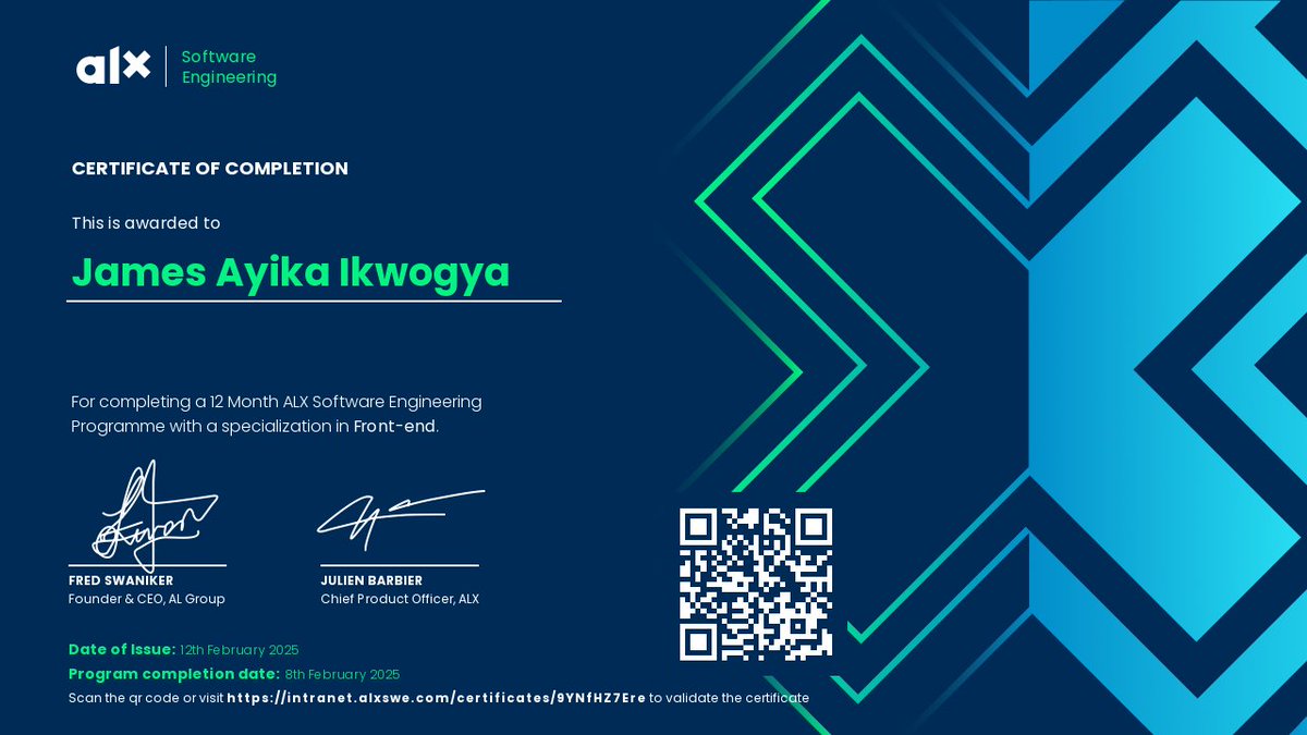 JAMESIKWOGYA's tweet photo. It's SE JAMES AYIKA IKWOGYA 
finally I made it, a core software engineer
#ALX_SE #alx_africa #masterdCard
#ALX_Nigeria
#Cohort22 https://t.co/xwogyzA3c9