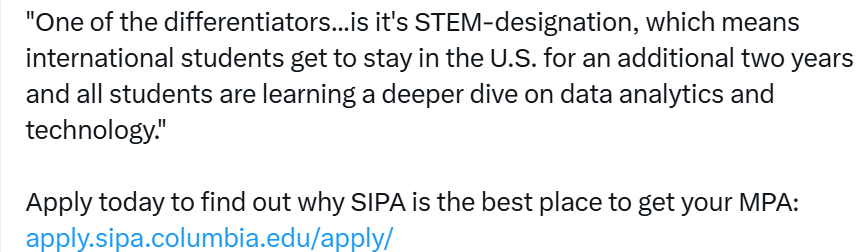 bNeethipudi's tweet photo. Saw a post from my alma mater touting STEM designation for the public policy program that I graduated from. Many top US Universities today offer STEM - MBA, STEM journalism degrees! What is STEM about an MBA? Why the rush to force fit STEM designation for non-tech programs? https://t.co/PSsGtNfC3Q