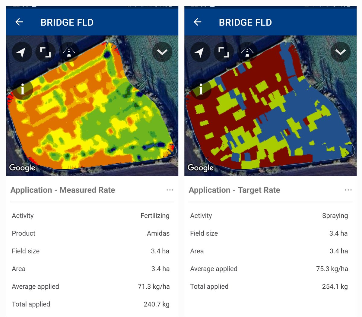 Great to see the results of our Variable Rate Mapping! On the right is the prescription map on the left is the application map taken from the New Holland FieldOps software. It can be tricky to determine how detailed to make the prescription map so that a disc spreader can cope...