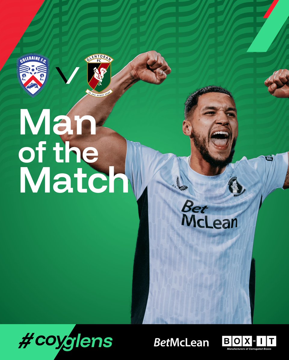 𝗠𝗮𝗻 𝗼𝗳 𝘁𝗵𝗲 𝗠𝗮𝘁𝗰𝗵 🏆

Your Coleraine vs Glentoran Man of the Match 

Kodi Lyons-Foster 🙌

What a performance from our rock at the back, capped off with a goal! 

Congratulations Kodi 💚

#COYGlens
