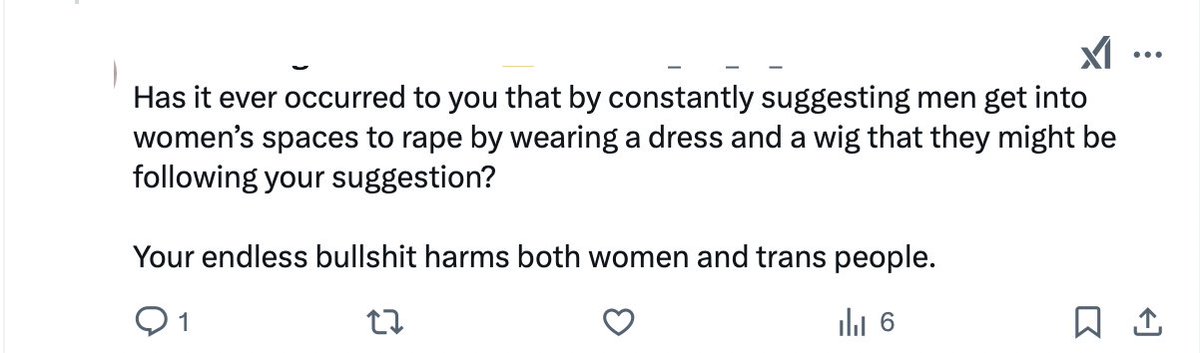 It's only February, but this will take some beating at the 2025 Batshit Take of the Year Awards.

"It's women's fault if trans-identified men commit sexual assault in previously women-only spaces, because by saying that's a thing that happens, women put the idea in men's heads."