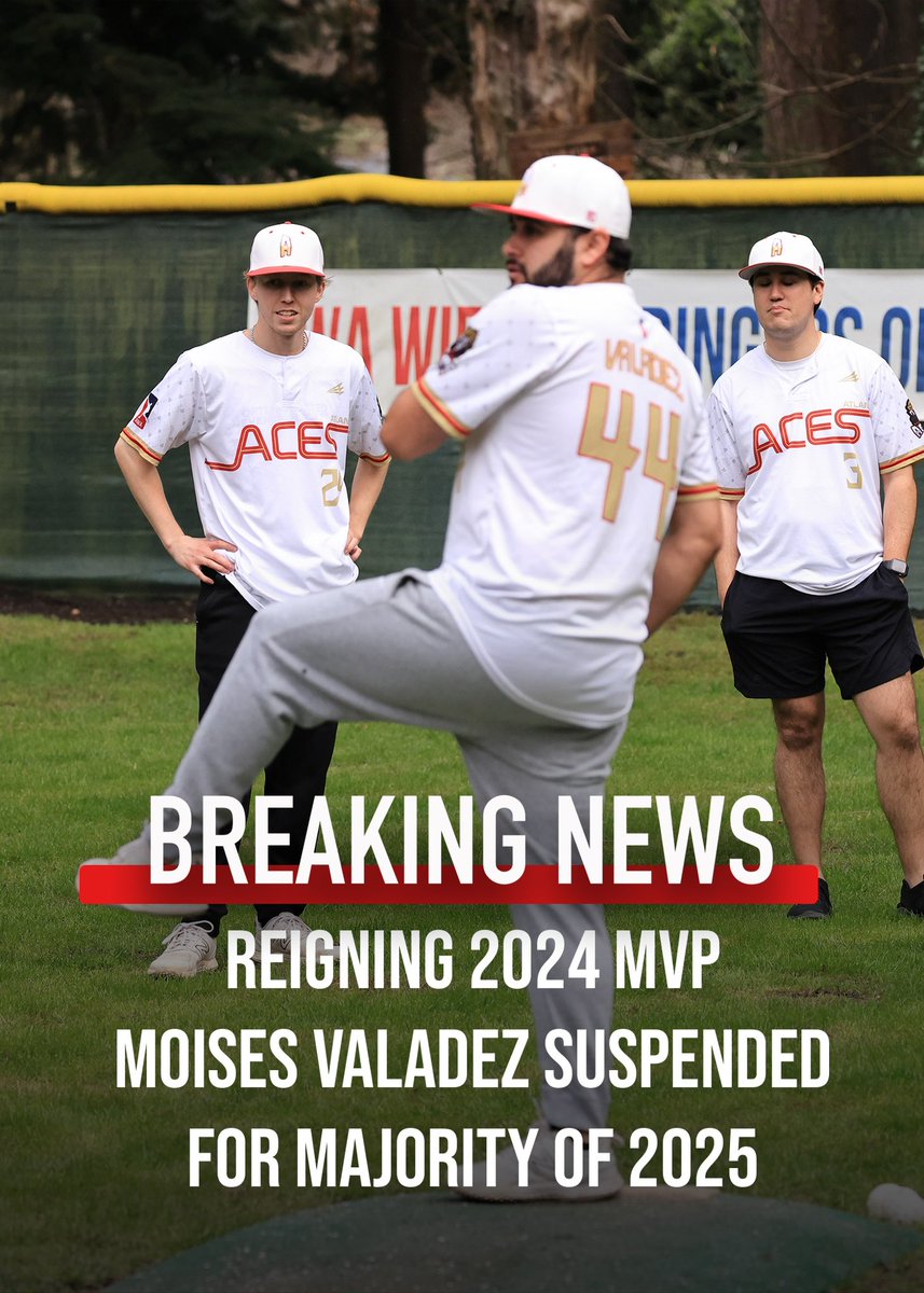 awawiffle's tweet photo. 🚨BREAKING NEWS🚨

Reigning 2024 regular season and World Series MVP Moises Valadez has been suspended for the first eight games of the 2025 Regular Season.

After testing positive for a banned substance, the World Series Champion Aces will be without their best player for 80% of the 2025 regular season.

#dingersornothing