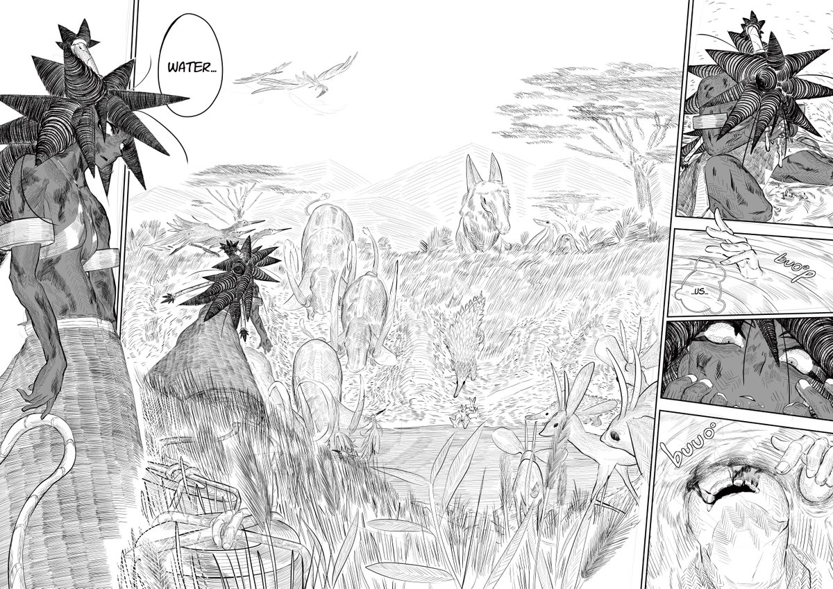 carefulventures's tweet photo. Evolution of the watering hole sequence; 2025 - 2022 - 2019. A quiet  reminder to trust in the learning process.
 
Also the first double-page  spread I've ever done! 

#manga #indiemanga #comics #comicart #mangaart #indiecomics #afrofantasy #bhm #blackhistorymonth https://t.co/wdqgnGiSQu
