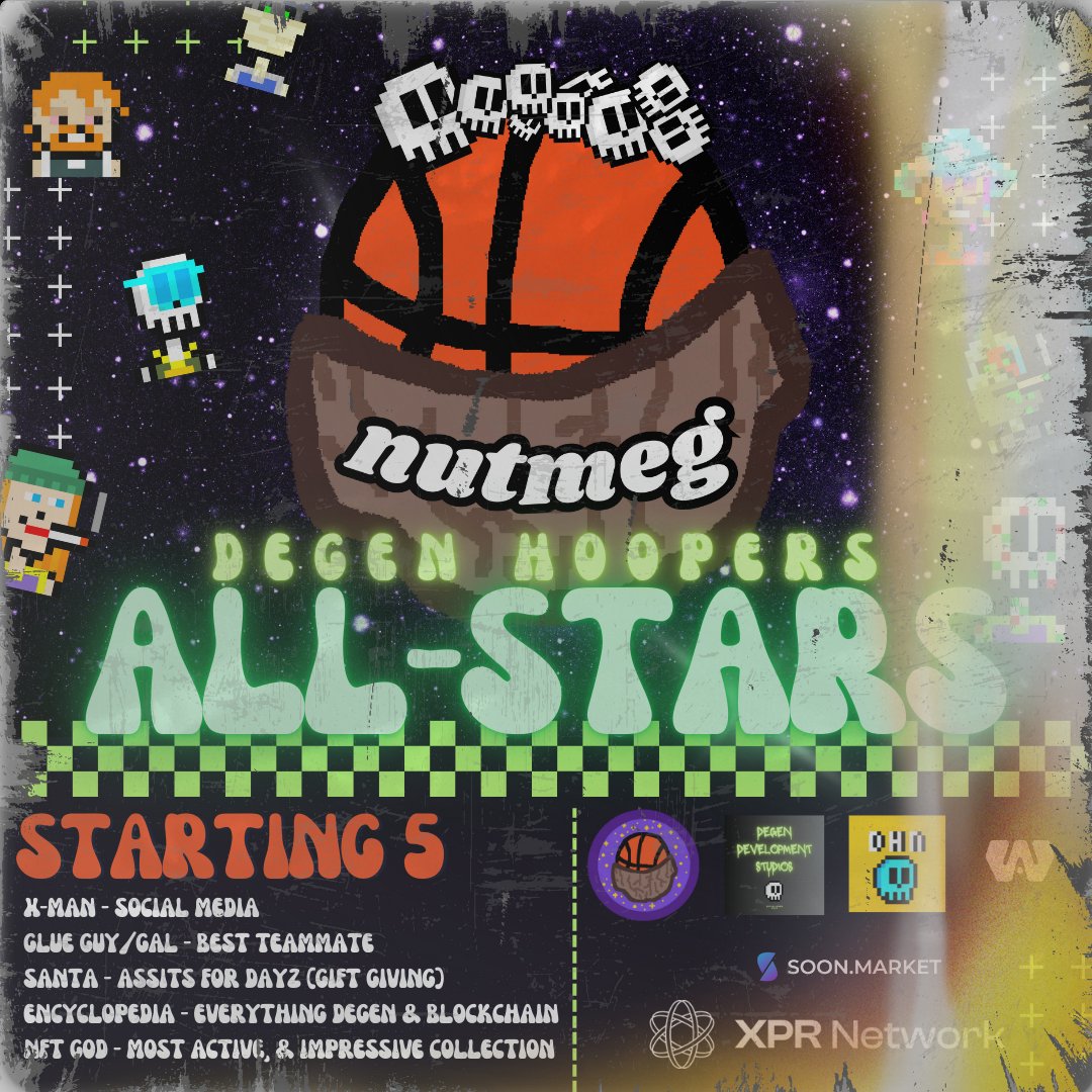 Degen Hooper All-Stars ✨⭐️
 
We are giving out $NUTMEG &amp; NFTs to our biggest supporters and All-Stars of our community 🙌

All-Stars &amp; prizes announced in our telegram tonight 7pm PST 📢 🌰🏀⚛️ $NUTMEG x $XPR

(Link to telegram below 👇)