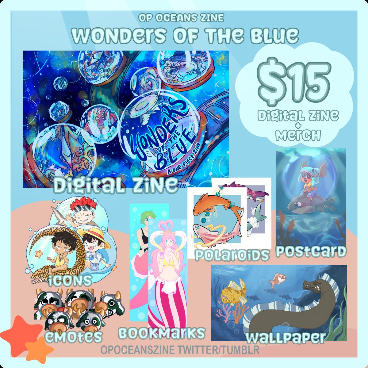 🐠 Shark Conservation Fund 🐠: sharkconservationfund.org 
🐳 Preorders Form 🐳: buff.ly/3EFUGik 

FULL BUNDLE:
Zine PDF: 70+ pgs of amazing works!
Digital Merch:
🌊 PC Wallpaper
🌊 Polaroids x2
🌊 Set of 5 Emotes
🌊 Set of 3 Icons
🌊 Doublesided Bookmark
🌊 Postcard