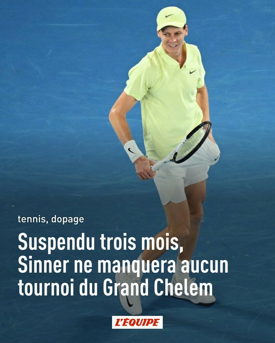 lequipe's tweet photo. Le n°1 mondial Jannik Sinner a été suspendu trois mois après avoir conclu un accord avec l'Agence mondiale antidopage. Un deal qui convient à toutes les parties mais suscite également plusieurs interrogations
➡️ https://t.co/YlK25Khfj9 https://t.co/AICvB9a4Ee