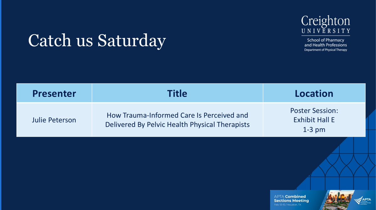 Creighton DPT (@creighton_dpt) on Twitter photo It's Saturday (2/15), the last day for #APTACSM. We have a great line up of poster presentations this afternoon from 1-3:00 PM. Authors include our <a href="/Creighton/">Creighton University</a> faculty, residents, and students. It's Saturday (2/15), the last day for #APTACSM. We have a great line up of poster presentations this afternoon from 1-3:00 PM. Authors include our <a href="/Creighton/">Creighton University</a> faculty, residents, and students.