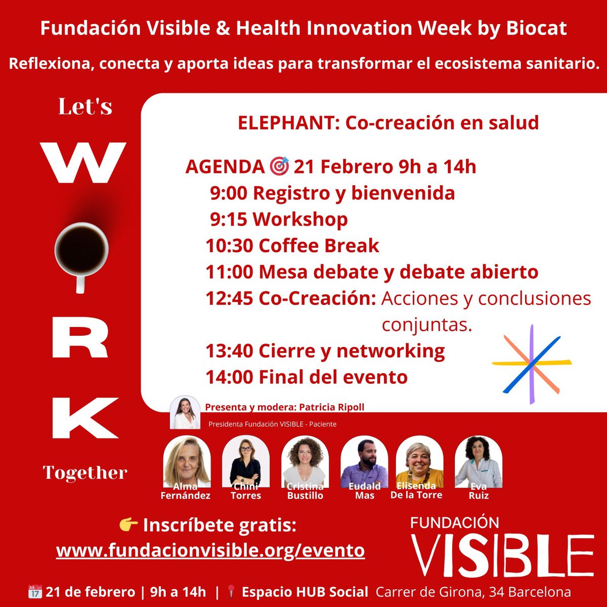 📢🚀 ¡Última llamada! No te lo pierdas 💡✨ Profesionales de la salud, startups y pacientes se reunirán para co-crear el futuro de la salud. 🔥 

🕘 21 de febrero, 9:00-14:00.

Evento GRATUITO 

🔗 Últimas plazas 👉 fundacionvisible.org/evento/💬 ¿Te apuntas? 🚀😊