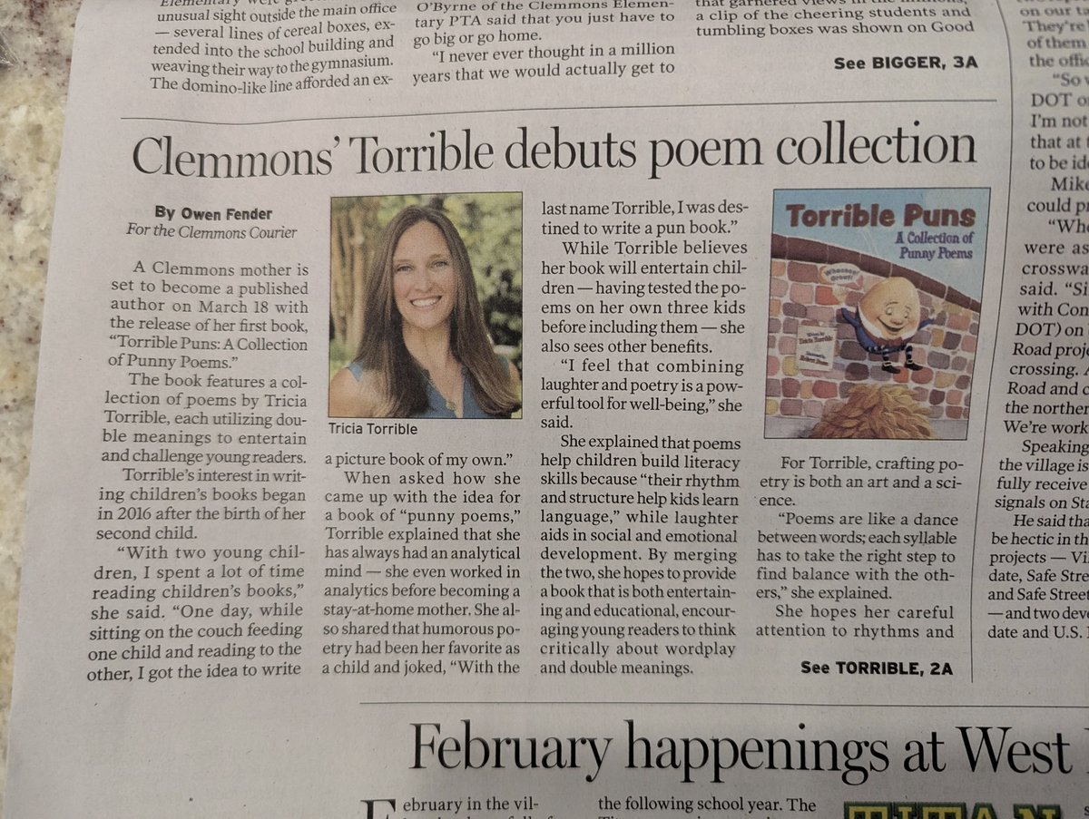 So excited to have an article about my upcoming picture book, TORRIBLE PUNS: A COLLECTION OF PUNNY POEMS, in my town’s paper!

#picturebook, #poetry, #puns, #WritingCommunity