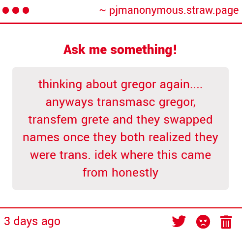 PJMAnonymous's tweet photo. transmasc transgender gregor transfem greta https://t.co/uOVPJltwc3