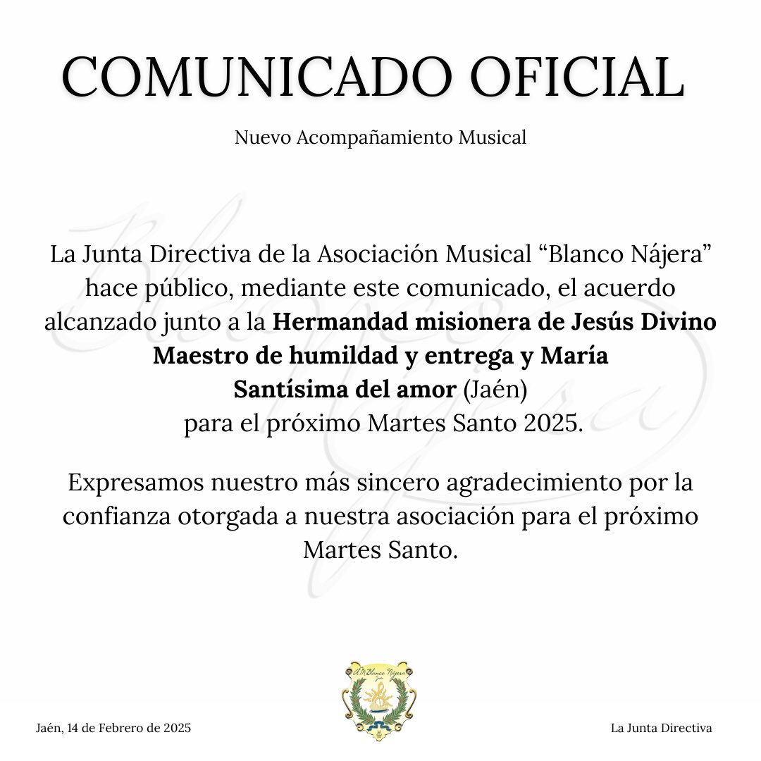 Nos alegra anunciar nuestro acuerdo con <a href="/DivinoMaestro20/">Hdad. Divino Maestro</a> para acompañar a María Stma. del Amor en su salida procesional. Gracias por la confianza en nuestra #FamiliaMusical.