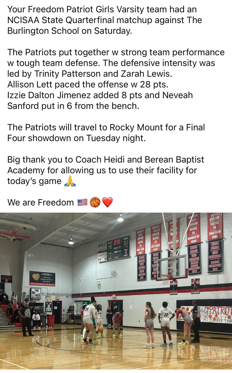 FreedomAthletics (@freed0mathletic) on Twitter photo Tough team performance today to win and advance.
<a href="/alliitootuff/">Allison Lett</a> w 28 pts
Izzie Dalton Jimenez w 8 pts
Neveah Sanford w 6 pts
Next up: Rocky Mount Academy on Tuesday
🇺🇸🏀❤️ Tough team performance today to win and advance.
<a href="/alliitootuff/">Allison Lett</a> w 28 pts
Izzie Dalton Jimenez w 8 pts
Neveah Sanford w 6 pts
Next up: Rocky Mount Academy on Tuesday
🇺🇸🏀❤️