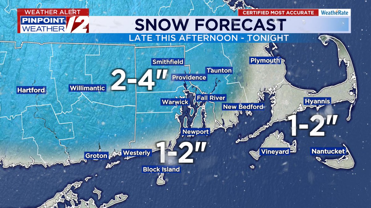 Winter Weather Advisory for our area… look for most locations to see 2 to 4 inches of snow before changing to an icy mix overnight. Precipitation becomes all rain for Sunday. <a href="/wpri12/">WPRI 12</a> <a href="/PinpointWXTeam/">Pinpoint Weather 12</a>