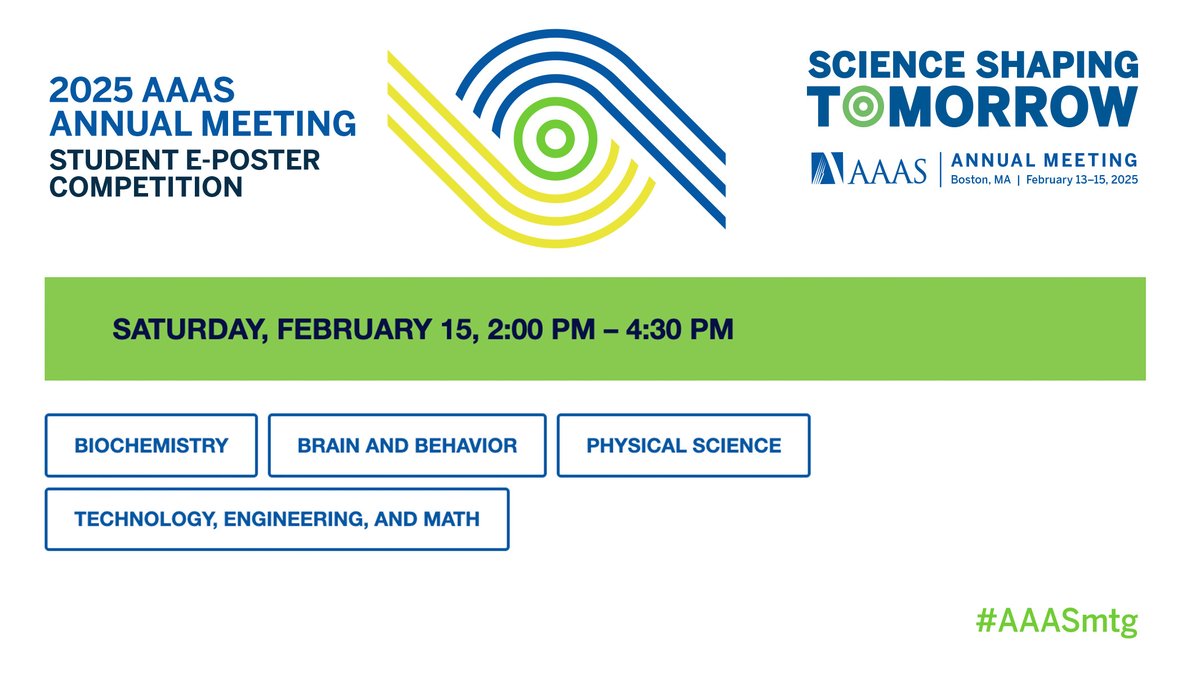 AAASmeetings's tweet image. Support early career scientists! 🌟 Attend the AAAS Student E-Poster Competition today at the Hynes Convention Center, Level 3 Hallway, from 2-4:30 PM. Don’t miss this opportunity to see the next generation of scientific innovators. #AAASmtg
bit.ly/4gz0uHK