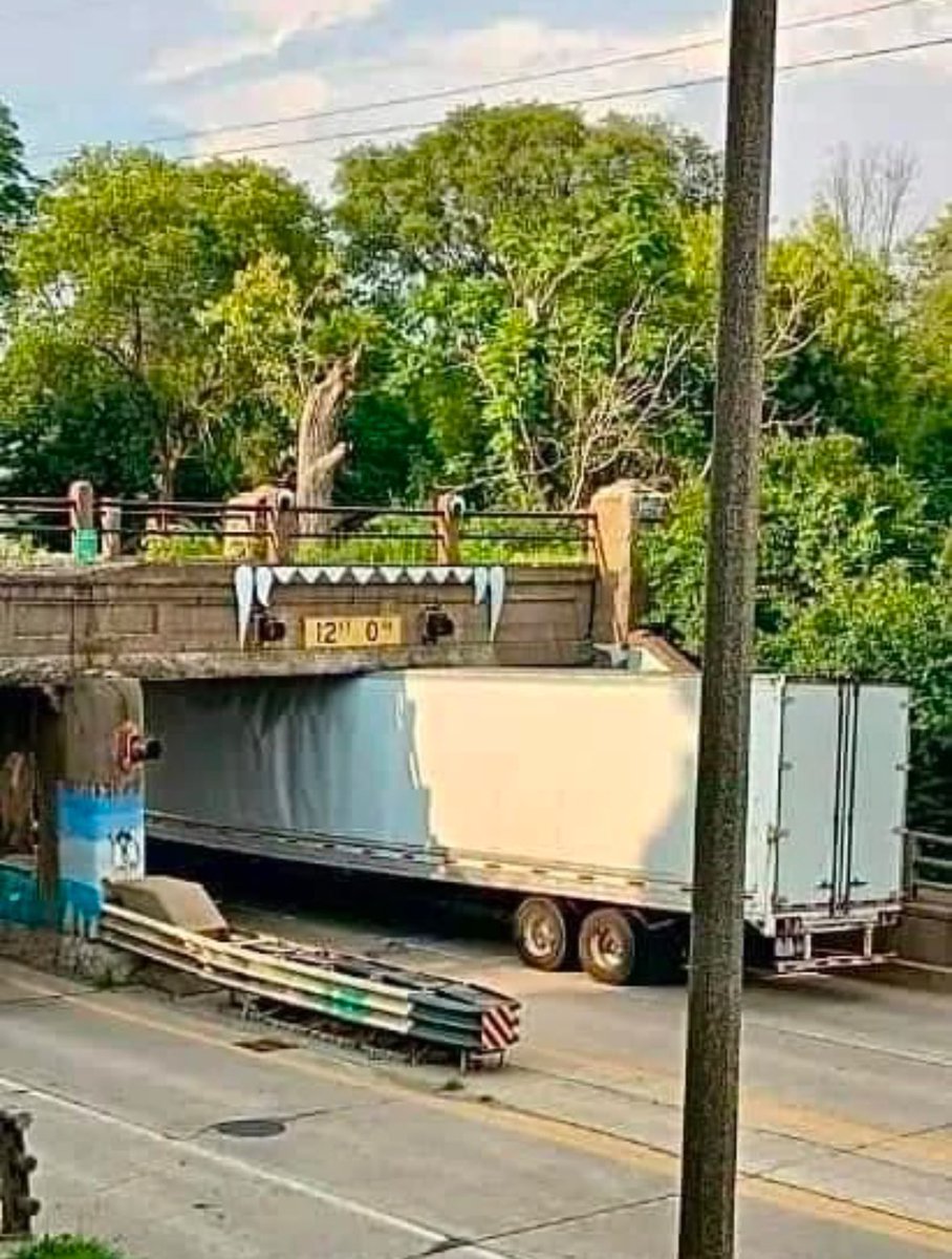 Jeffdeehan's tweet image. There’s a bridge in Lansing that eats dozens of trucks every year. It’s hilarious. I see rigs stuck all the time as we do a lot of work in the area. 

Artists and locals have turned it into a cultural landmark. 

Googly eyes are the best.