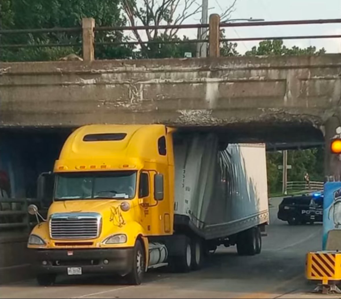 Jeffdeehan's tweet image. There’s a bridge in Lansing that eats dozens of trucks every year. It’s hilarious. I see rigs stuck all the time as we do a lot of work in the area. 

Artists and locals have turned it into a cultural landmark. 

Googly eyes are the best.