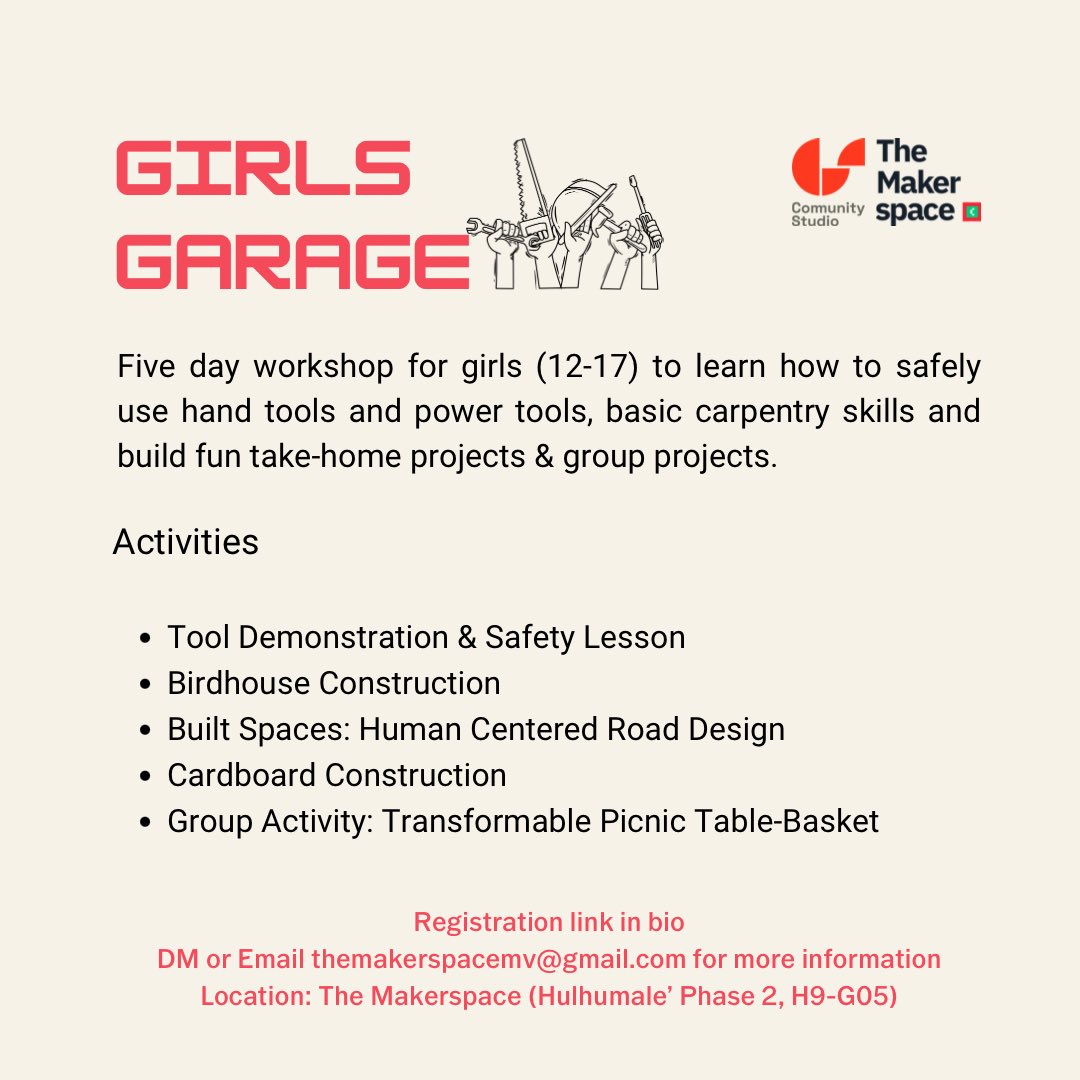 Five day workshop for girls aged 12-17 to explore carpentry skills, creative cardboard construction, and human-centered design. Registration link in bio!