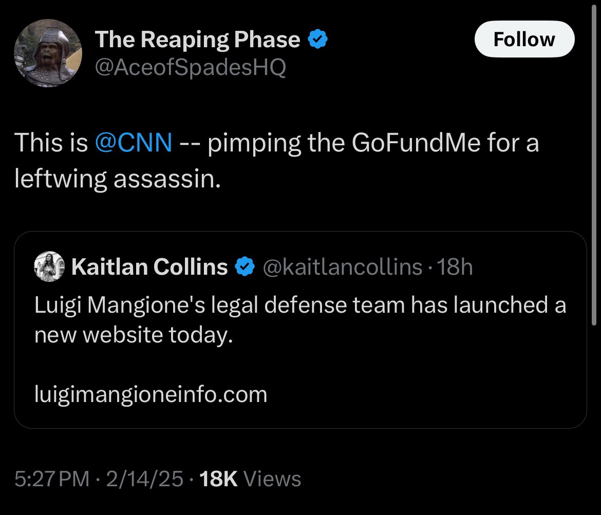 Cernovich's tweet image. CNN “reporter” KaitlanCollins promoted a fundraiser for Luigi Mangione. She has since deleted the public relations post for Luigi.