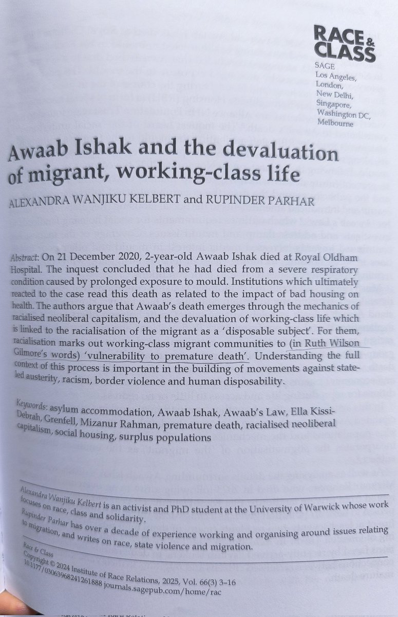 Cllr Liam Shrivastava (@liamshrivastava) on Twitter photo A must-read in the latest issue of <a href="/Race_Class/">Race & Class</a> by Kilbert and Parhar on the preventable death of Awaab Ishak
Social housing tenants and anyone with experience of the rental sector will be familiar with landlord excuses of 'lifestyle factors' to explain away deadly damp and mould A must-read in the latest issue of <a href="/Race_Class/">Race & Class</a> by Kilbert and Parhar on the preventable death of Awaab Ishak
Social housing tenants and anyone with experience of the rental sector will be familiar with landlord excuses of 'lifestyle factors' to explain away deadly damp and mould
