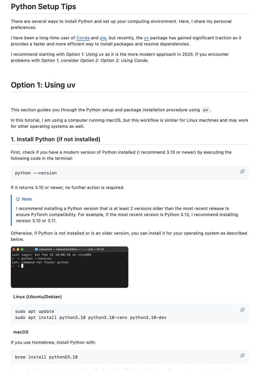 rasbt's tweet image. It's 2025, and I’ve finally updated my Python setup guide to use uv + venv instead of conda + pip!
Here's my go-to recommendation for uv + venv in Python projects for faster installs, better dependency management: github.com/rasbt/LLMs-fro…
(Any additional suggestions?)