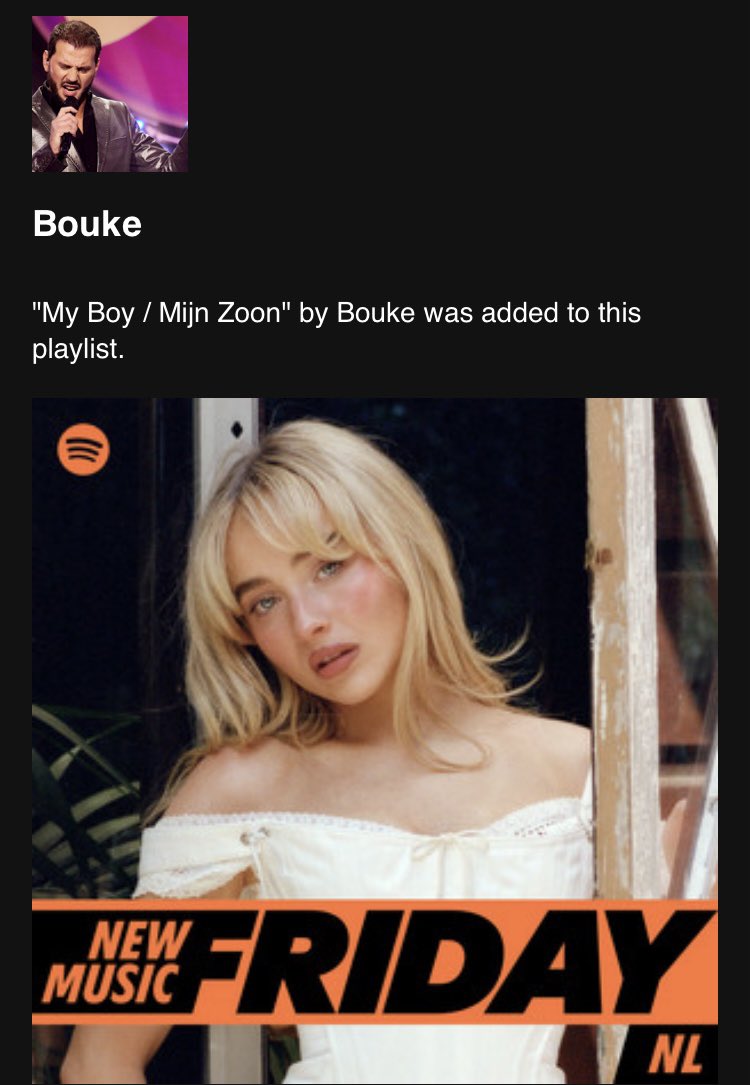 BOUKE (@zangerbouke) on Twitter photo Yes ๐ช the new single was added to the New Music Friday playlist on <a href="/SpotifyNL/">Spotify NL</a> ๐๐๐
#bouke #single #track Yes ๐ช the new single was added to the New Music Friday playlist on <a href="/SpotifyNL/">Spotify NL</a> ๐๐๐
#bouke #single #track