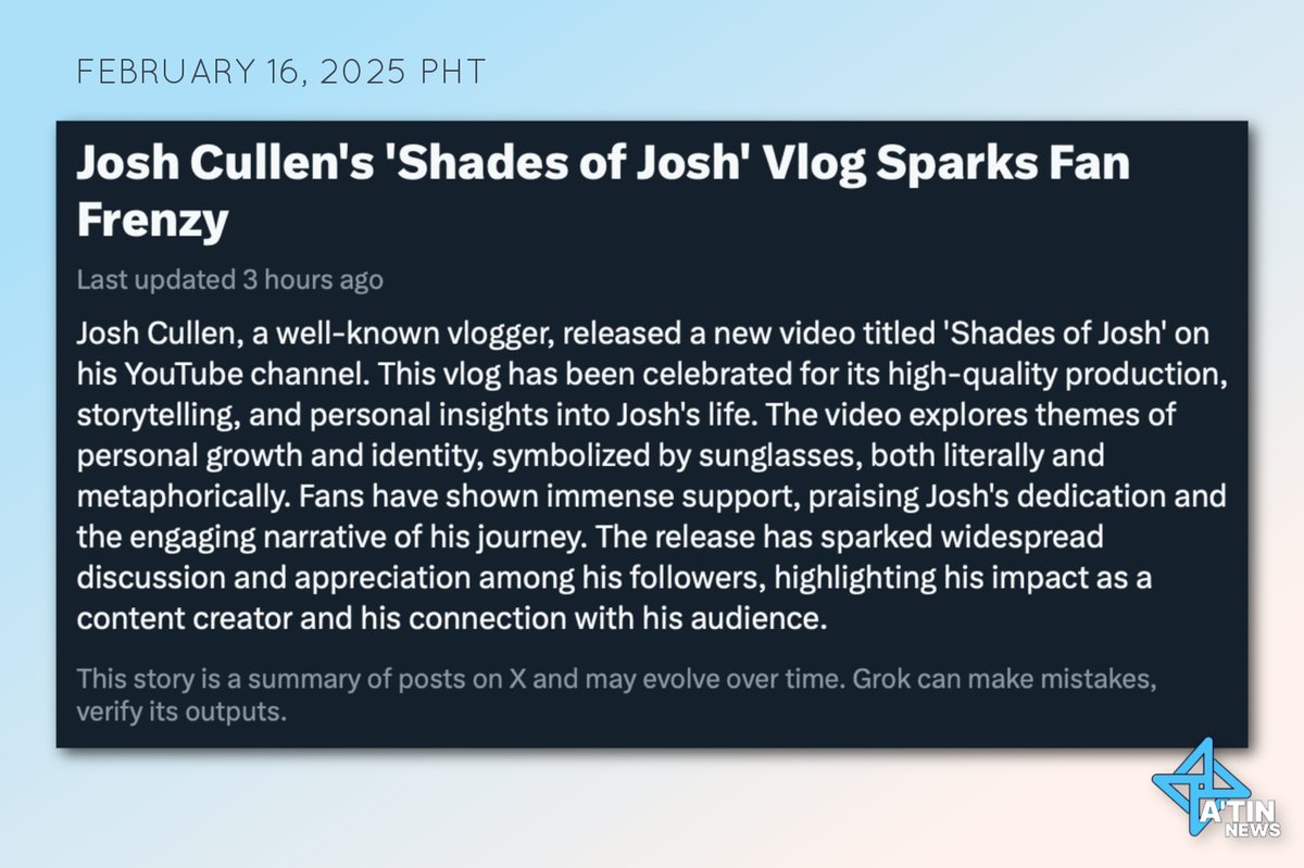 channelAtin's tweet photo. TRENDING: Josh Cullen's 'Shades of Josh' Vlog Sparks Fan Frenzy

SHADES OF JOSH 
#JCvlog 
#JOSHCULLEN @JoshCullen_s
https://t.co/IproPOBzTr