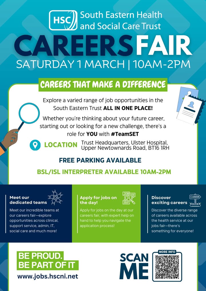 🔹TWO WEEKS TO GO TO OUR FIRST EVER CAREERS FAIR📢 

Explore a varied range of job opportunities across the South Eastern Trust -ALL IN ONE PLACE!

📍 Trust HQ, Ulster Hospital, BT16 1RH
📆  Saturday 1st March, 10am-2pm

🔗 More info: bit.ly/4aR2M3v