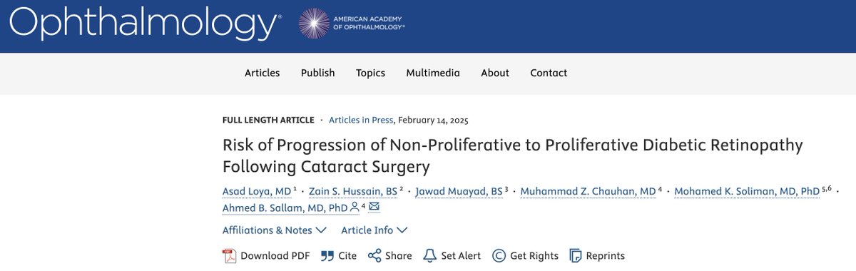 Our latest research just out in <a href="/AAOjournal/">Ophthalmology</a>  finds that  cataract surgery is associated with an increased 1-year risk of progression from NPDR to PDR in patients with T2DM: aaojournal.org/article/S0161-…

Key findings:
📈 1.5x higher risk of PDR
👁️ 2x higher risk of vitreous hemorrhage