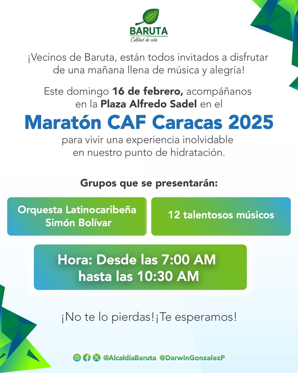 ¡Vecinos!🍃

Los invitamos este #16feb a disfrutar de una mañana musical y familiar en nuestro municipio.

✅ Tendremos un punto de hidratación en el marco del #MaratónCAF Caracas 2025. 🏃🏻‍♂️

📍Plaza Alfredo Sadel, #LasMercedes
⏰ 7 A.M. - 10:30 A.M.
🎟️ Entrada Libre