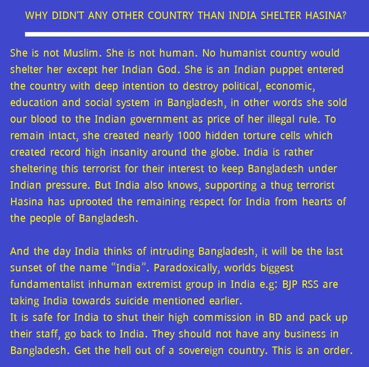 Why didn't any other country than India shelter Hasina? not even Muslim countries!
👉 She is not Muslim. She is not human. No humanist country would shelter her except her Indian God. She is an Indian puppet.
