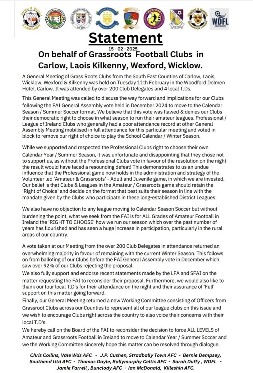 A statement our clubs have released following a meeting during the week. <a href="/Natsport/">Nationalist Sport</a> <a href="/harrysarticles/">Harry Shorthose</a> <a href="/kclr96fm/">KCLR 96FM</a> <a href="/offtheball/">Off The Ball</a> <a href="/SFAIreland/">SFAI</a> <a href="/FAIreland/">FAIreland</a>