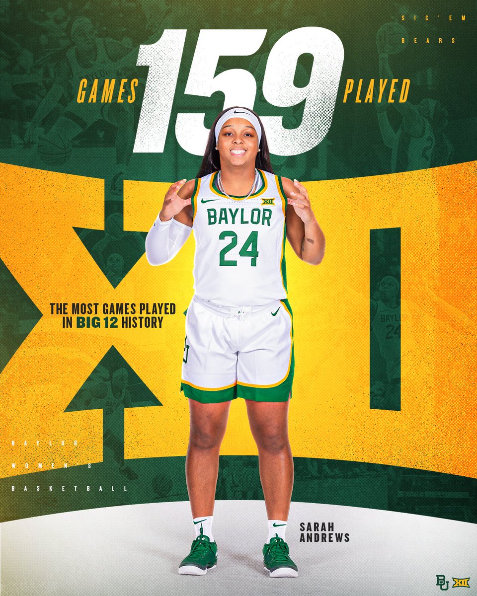 Baylor Women's Basketball (@baylorwbb) on Twitter photo History in Game 1⃣5⃣9⃣!
<a href="/sarah_T2D/">Sarah Andrews</a> is the new <a href="/Big12Conference/">Big 12 Conference</a> all-time leader in career games played! 🏀
#SicEm | #GreaterThan History in Game 1⃣5⃣9⃣!
<a href="/sarah_T2D/">Sarah Andrews</a> is the new <a href="/Big12Conference/">Big 12 Conference</a> all-time leader in career games played! 🏀
#SicEm | #GreaterThan