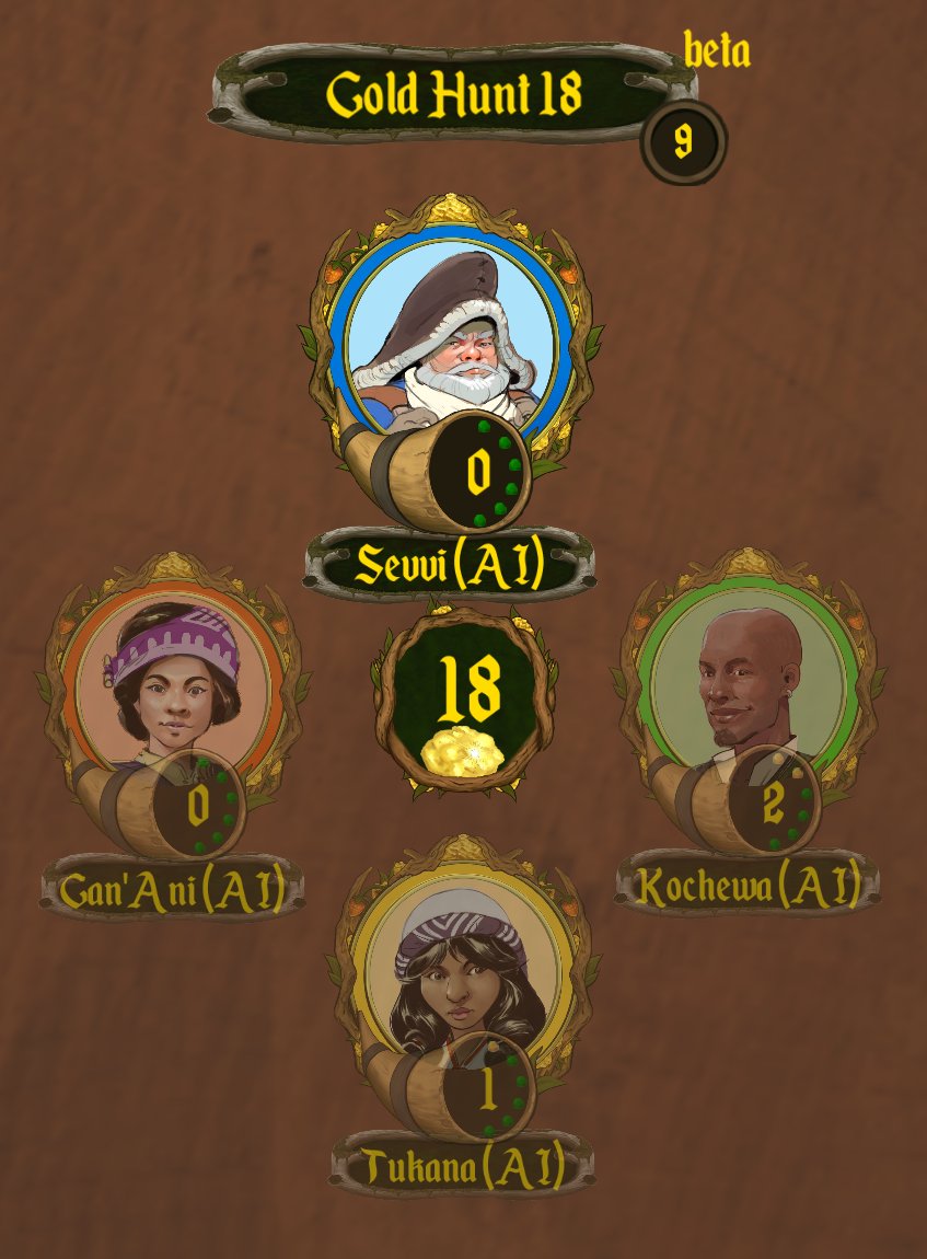 DemaalStudios's tweet image. Simple does it in the score-keeping UI - game name and round number, highlight whose turn it is, show player names and gold nugget counts (with little gold/green dots to show how far each pack is from the goal). 
#ScreenshotSaturday #IndieGameDev #boardgames #indiegames