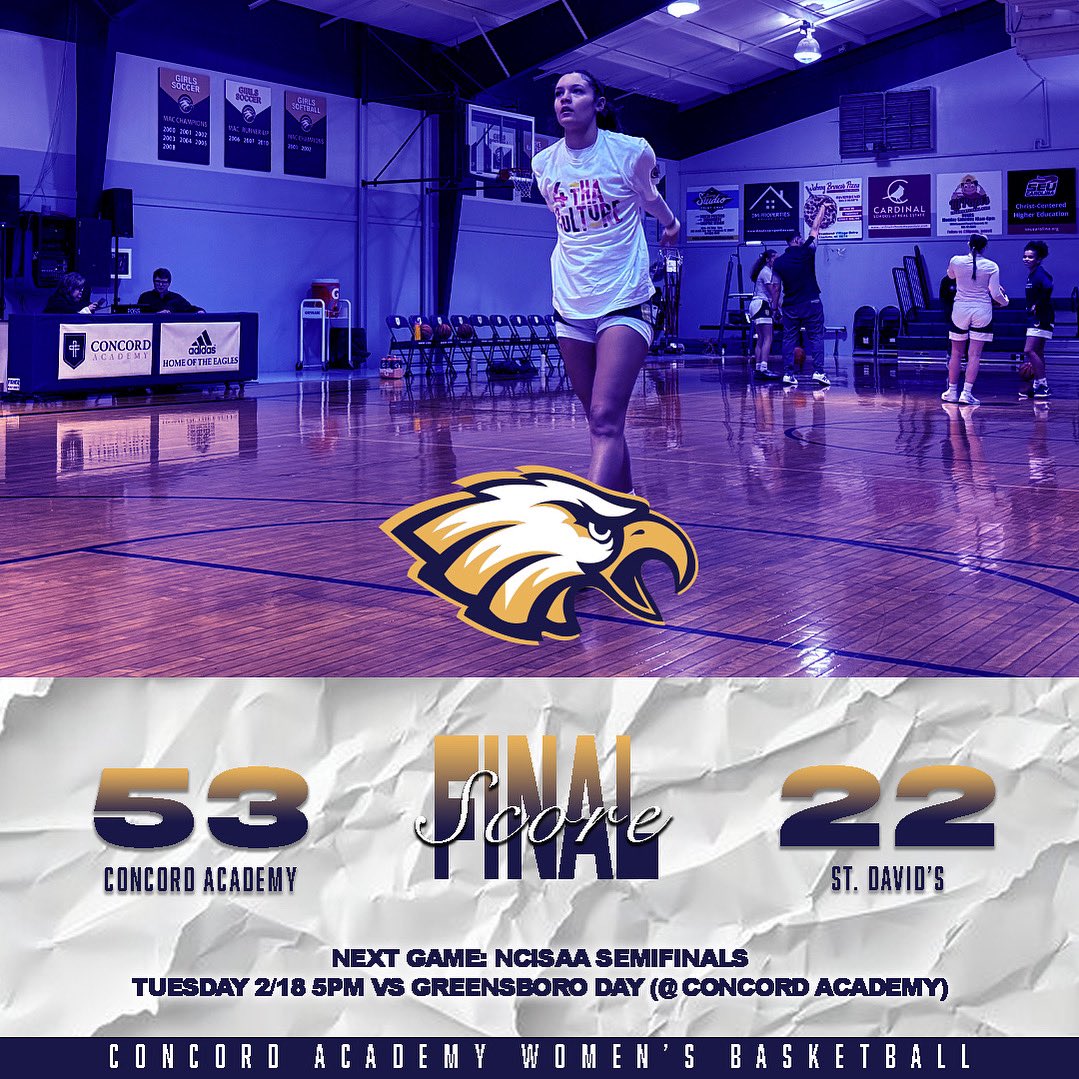 Concord Academy WBB (@caeagleswbb) on Twitter photo FINAL
<a href="/CAEaglesWBB/">Concord Academy WBB</a> (25-6) 53
<a href="/stdavidsschool/">St. David's School</a> 22
‘28 <a href="/theJustice1523/">Justice Alexander</a> 29p
‘26 <a href="/taysmith2008/">Taylor Smith</a> 14p
‘29 <a href="/quinnhicks2029/">Quinn Hicks</a> 6p
‘26 <a href="/J_A_Y_L_A/">jayla brower</a> 2p
‘28 <a href="/faithbekich/">Faith Bekich</a> 2p
*Full stats to follow
Next Up: NCISAA Semifinals 2/18 5pm vs <a href="/GreensboroDay/">Greensboro Day School</a> (@ Concord Academy)
#EaglesWin #EaglesFly🦅 FINAL
<a href="/CAEaglesWBB/">Concord Academy WBB</a> (25-6) 53
<a href="/stdavidsschool/">St. David's School</a> 22
‘28 <a href="/theJustice1523/">Justice Alexander</a> 29p
‘26 <a href="/taysmith2008/">Taylor Smith</a> 14p
‘29 <a href="/quinnhicks2029/">Quinn Hicks</a> 6p
‘26 <a href="/J_A_Y_L_A/">jayla brower</a> 2p
‘28 <a href="/faithbekich/">Faith Bekich</a> 2p
*Full stats to follow
Next Up: NCISAA Semifinals 2/18 5pm vs <a href="/GreensboroDay/">Greensboro Day School</a> (@ Concord Academy)
#EaglesWin #EaglesFly🦅
