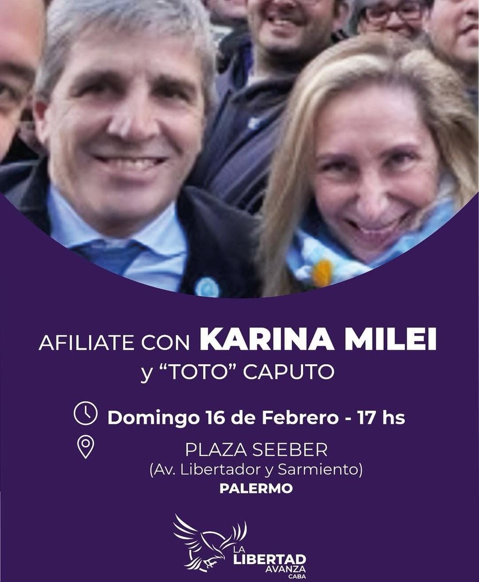 LA LIBERTAD AVANZA COMUNA 14 PALERMO (@lla_c14_palermo) on Twitter photo El Equipo de La Libertad Avanza Comuna 14 los espera este Domingo en Av.Libertador y Av.sarmiento junto a <a href="/PilarRamirezmpr/">Pilar Ramírez</a> <a href="/KarinaMileiOk/">Karina Milei</a> y <a href="/LuisCaputoAR/">totocaputo</a>
La Libertad Avanza <a href="/LLA_CABA/">La Libertad Avanza CABA</a> <a href="/LLibertadAvanza/">La Libertad Avanza</a> El Equipo de La Libertad Avanza Comuna 14 los espera este Domingo en Av.Libertador y Av.sarmiento junto a <a href="/PilarRamirezmpr/">Pilar Ramírez</a> <a href="/KarinaMileiOk/">Karina Milei</a> y <a href="/LuisCaputoAR/">totocaputo</a>
La Libertad Avanza <a href="/LLA_CABA/">La Libertad Avanza CABA</a> <a href="/LLibertadAvanza/">La Libertad Avanza</a>