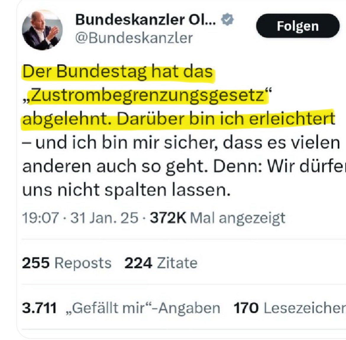 Herr @Bundeskanzler, sind Sie immer noch „erleichtert“, dass Sie und Ihre SPD das Zustrombegrenzungsgesetz abgelehnt haben?

Und wie erklären Sie das den Angehörigen der Ermordeten?