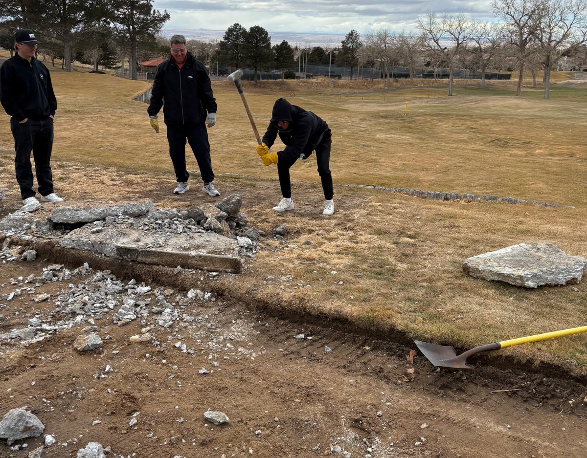 Tanoan_CC's tweet photo. Projects to improve and maintain the quality of #TanoanCC and its golf course continue daily here at the Club! Our Course Maintenance and Cart Barn teams joined forces to tear out some old, tattered concrete to be able to pour a fresh new slab on the driving range. https://t.co/BrfeV58eGg