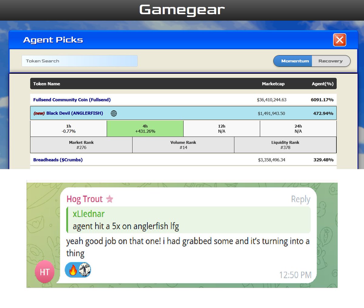 boobs_scary's tweet photo. Momentum agent up 500% this morning on Anglerfish some groupchat members caught it early.

20+ Users active every single day,   we are the cleanest simplest pumpfun curation service on the market.

If you need me to explain Gamegear DM me.🎮⚙️ https://t.co/OWJ65tMWOB